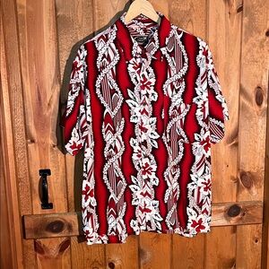 MEN SHIRT LARGE Tiki Palm short sleeve button up Hawaiian Tropical print 1099